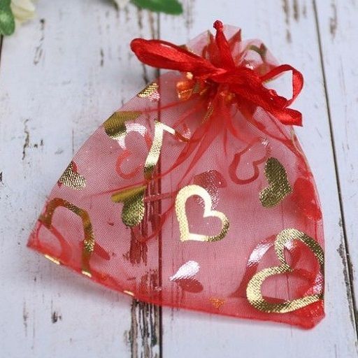 Organza bag Hearts red with gold 10*12.5